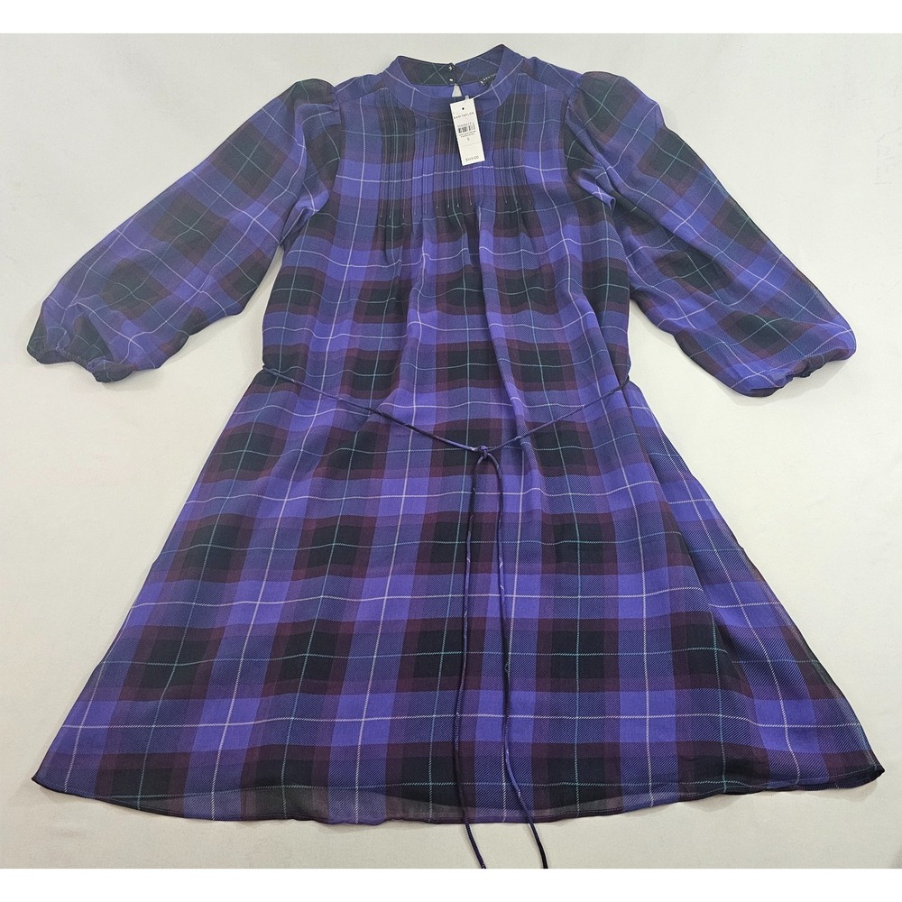 Ann Taylor Womens S Blue Check Belted Mock Neck A-Line Dress 35866473
